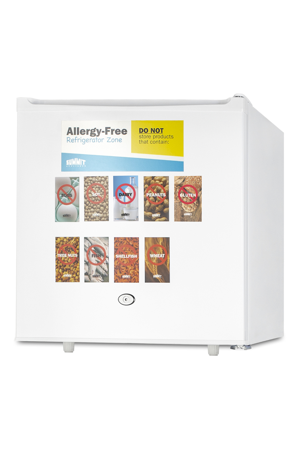 Compact 1.7 cu.ft. all-refrigerator in white designed to serve as an allergy-free storage zone, with automatic defrost, front lock, and a set of allergy warning magnets
